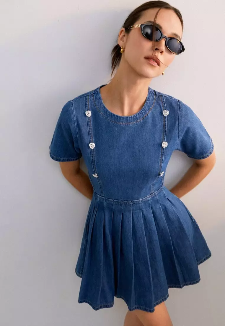 Girls Rhinestone Heart Denim Dress