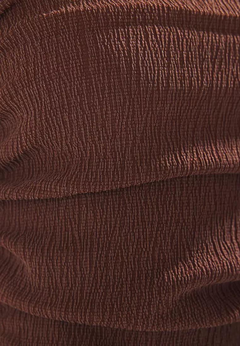 Brown Pink Strapless Pleated Flexible Knitted Blouse TWOSS24BZ00216