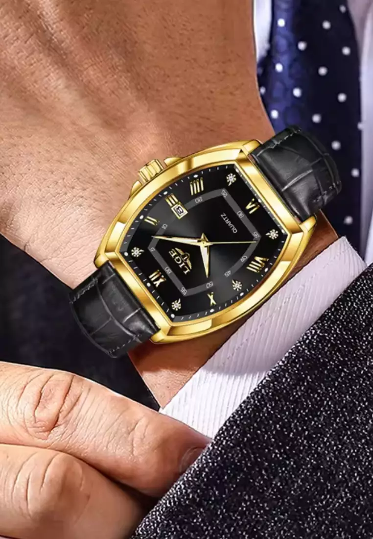 Elegant Barrel Shape Unisex IP Gold Color & Stainless Steel Quartz Watch, 40mm, Leather Strap