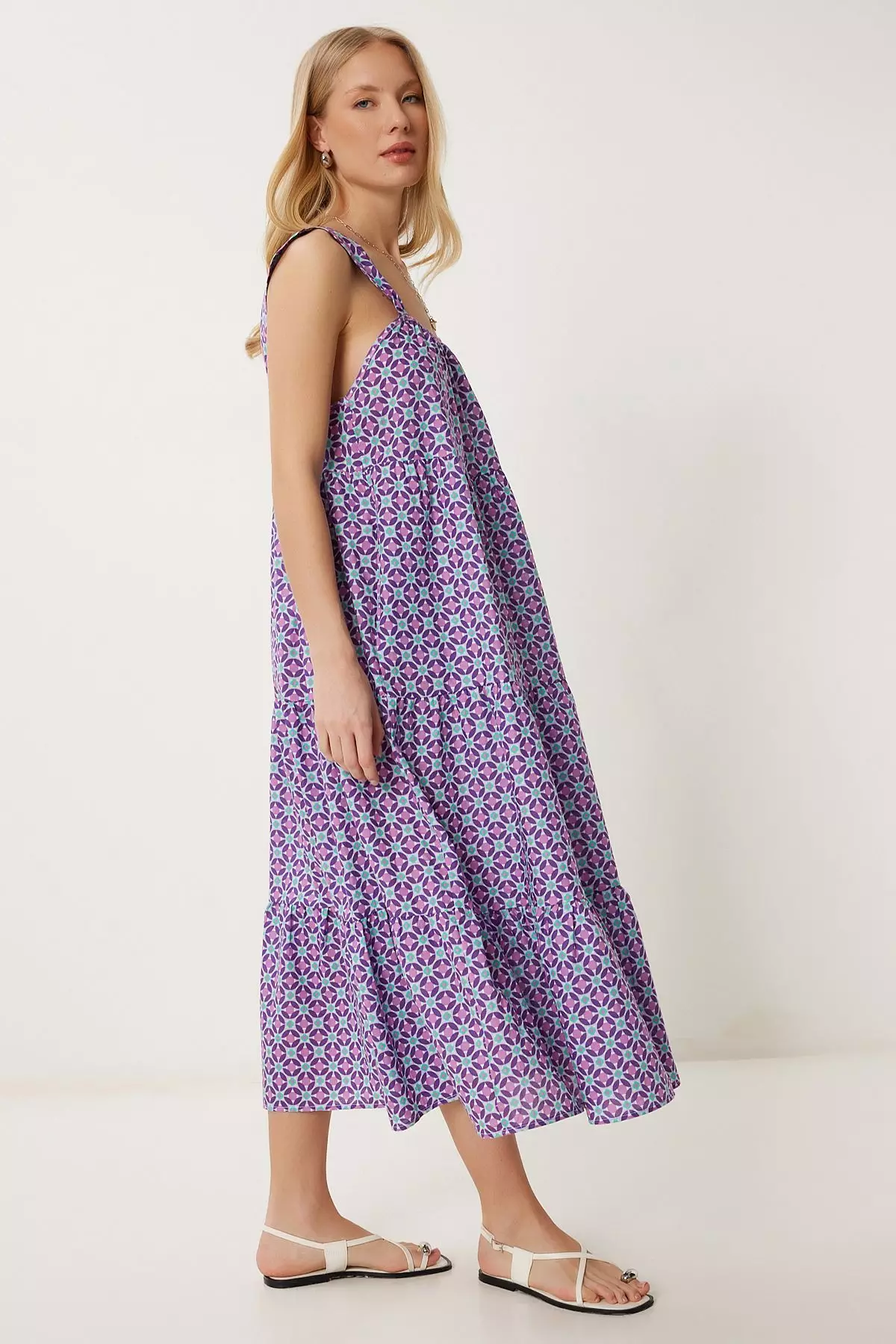 Women's Purple Patterned Flounced Summer Dress Fk00024