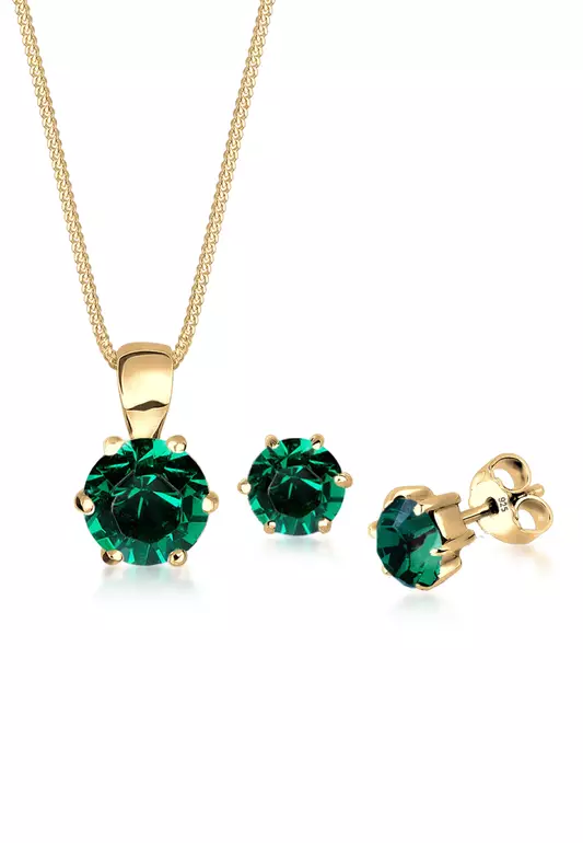 Jewelry Set Solitaire Pendant Set Stud Earrings Crystals Green Gold Plated
