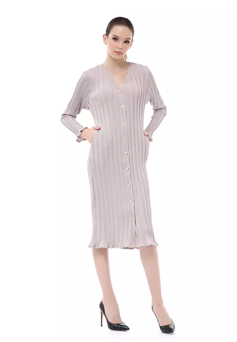 Rachel Dress Wanita Model Rempel Long Sleeve Side Pockets Material Crepe ORIGINAL - Gray