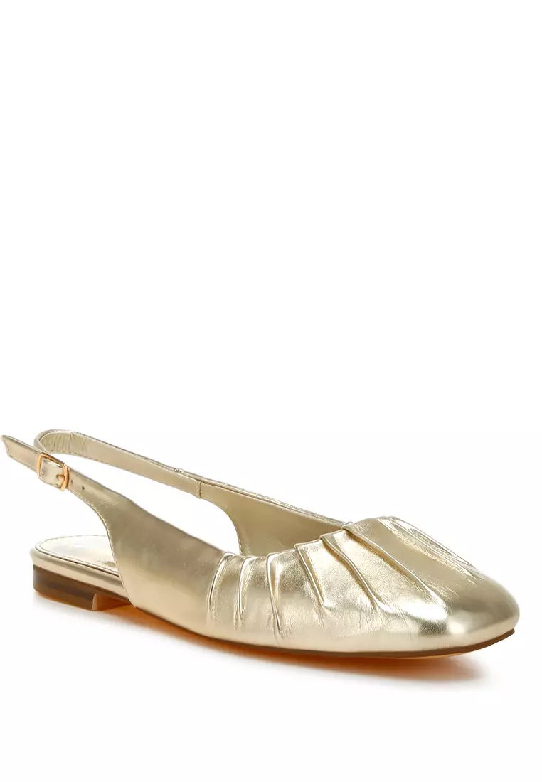 Metallic Square Toe Flat Slingbacks in Gold