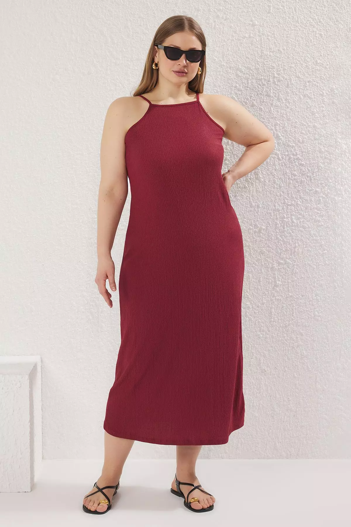 Jual Trendyol Halter Neck Crepe Textured Maxi Length Knitted Plus