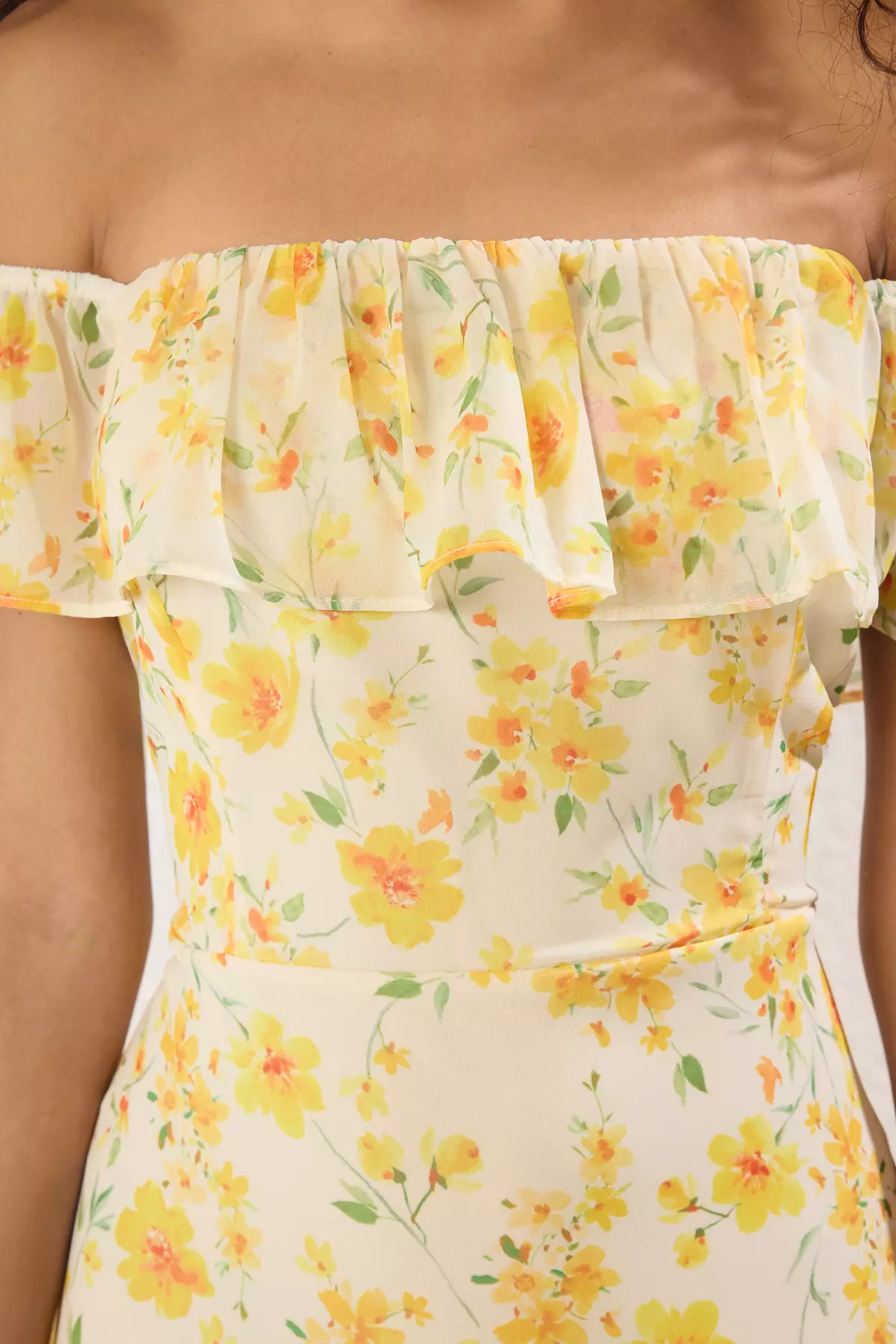 Yellow Floral Skirt Waist Opening Ruffle Chiffon Flight Flight Midi Dress