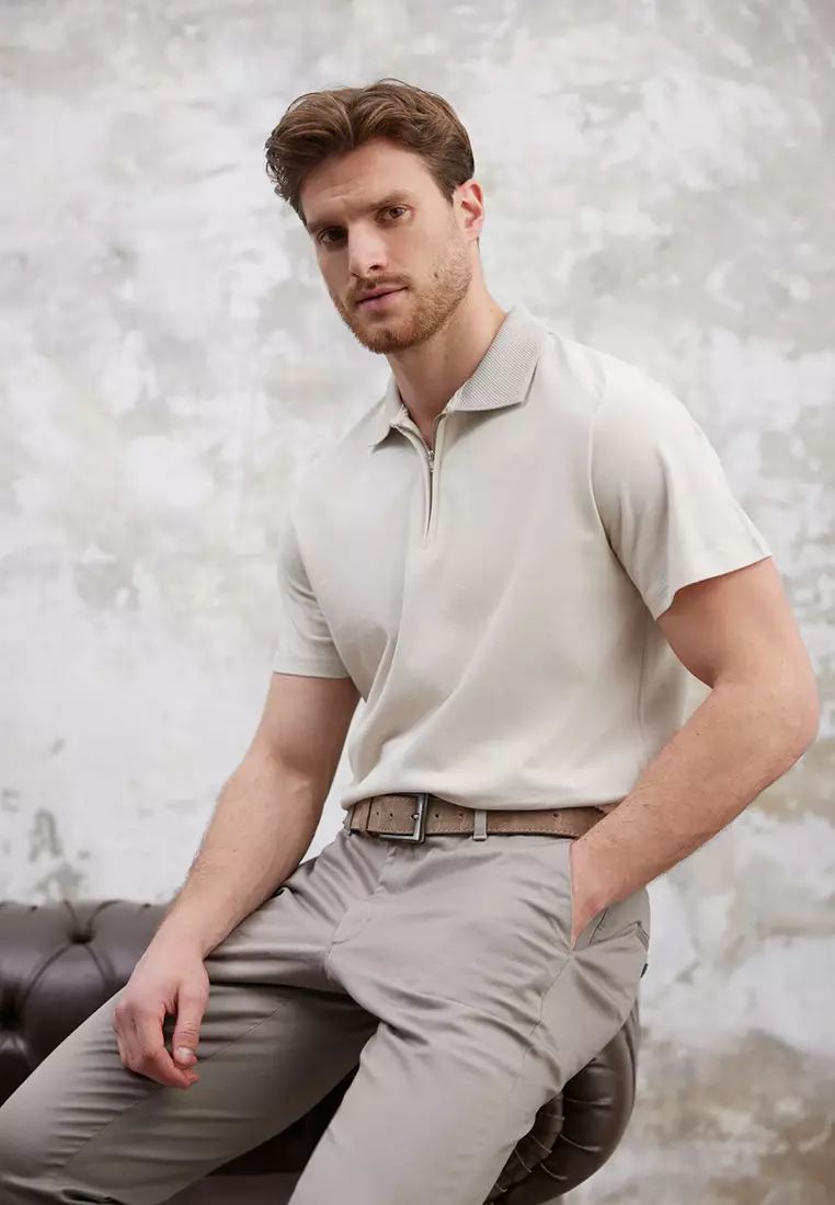 Stone Regular/Normal Cut Zippered 100% Cotton Polo Neck T-Shirt