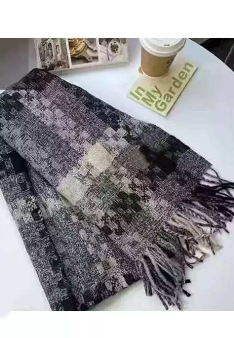 Aksesoris Wanita Checks Motif Cashmere Pashmina Syal Wanita Tebal Kasmir Black