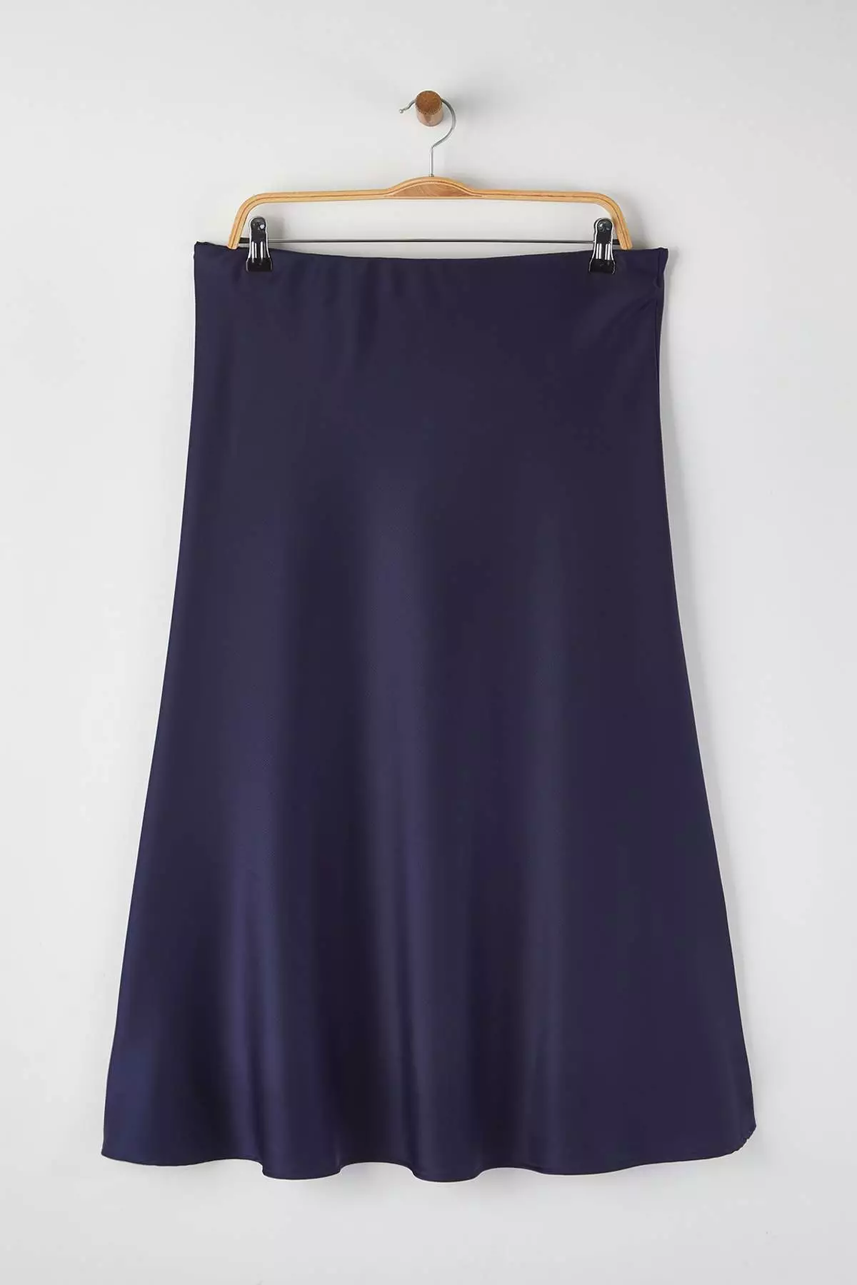 Navy Blue Midi Length Satin Woven Plus Size Skirt