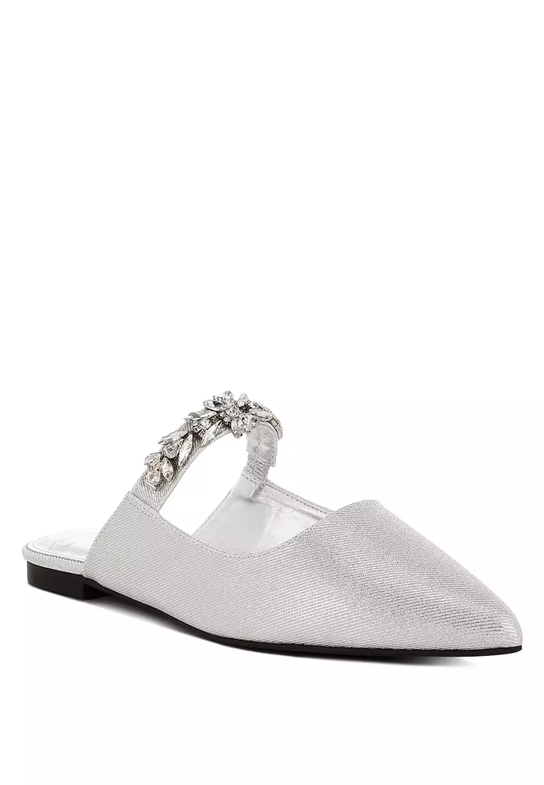 Diamante Strap Glitter Mules in Silver