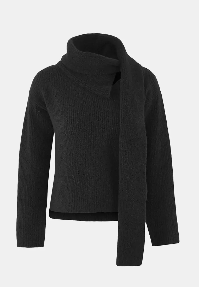 Anthracite Wool Blend Beard Yarn Shawl Collar Detailed Knitwear Sweater Twoaw26Kz00008