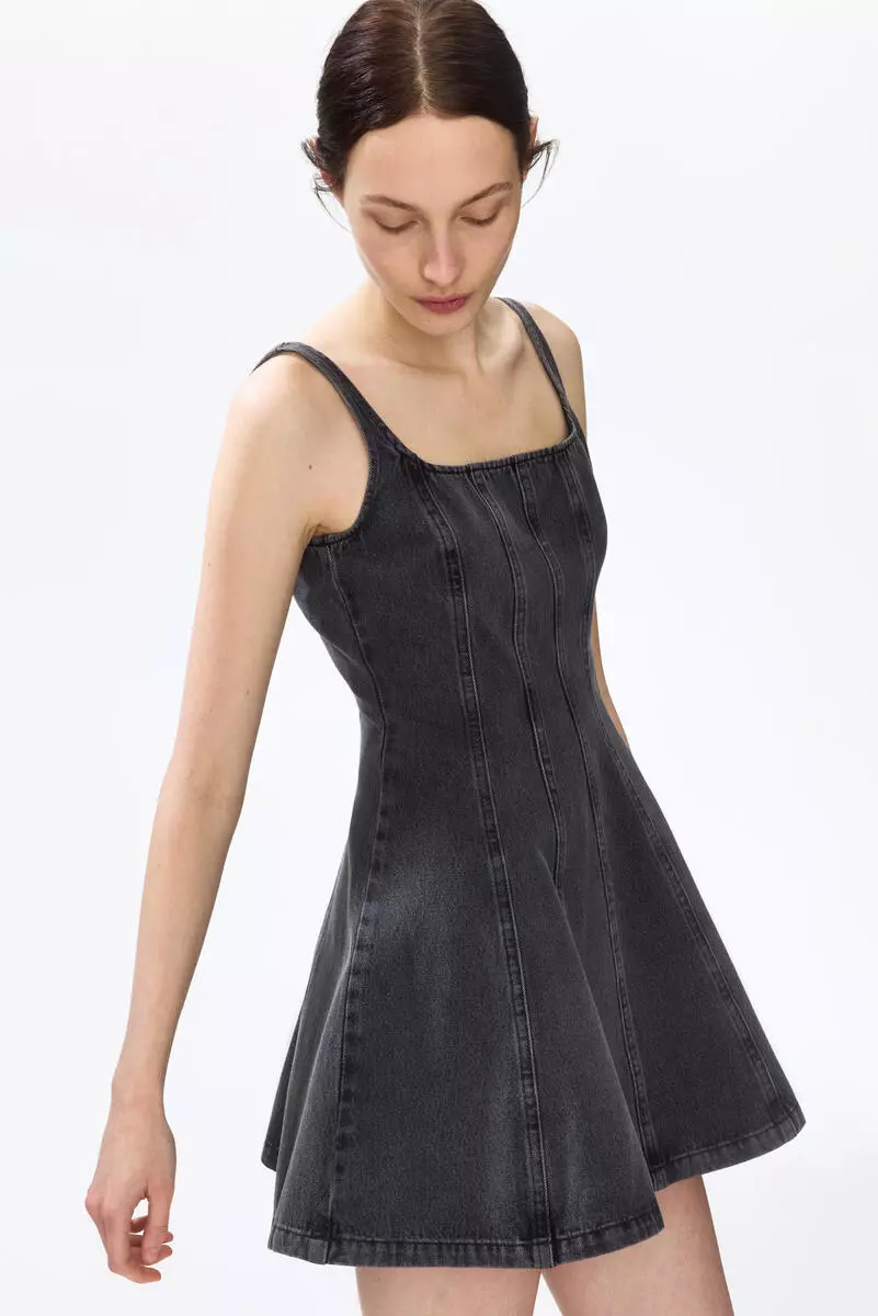 Flared-skirt denim dress