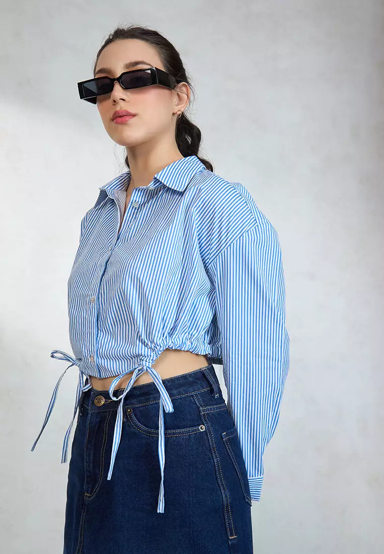 VIRGIO 100% Cotton Relaxed Tie Hem Striped Shirt