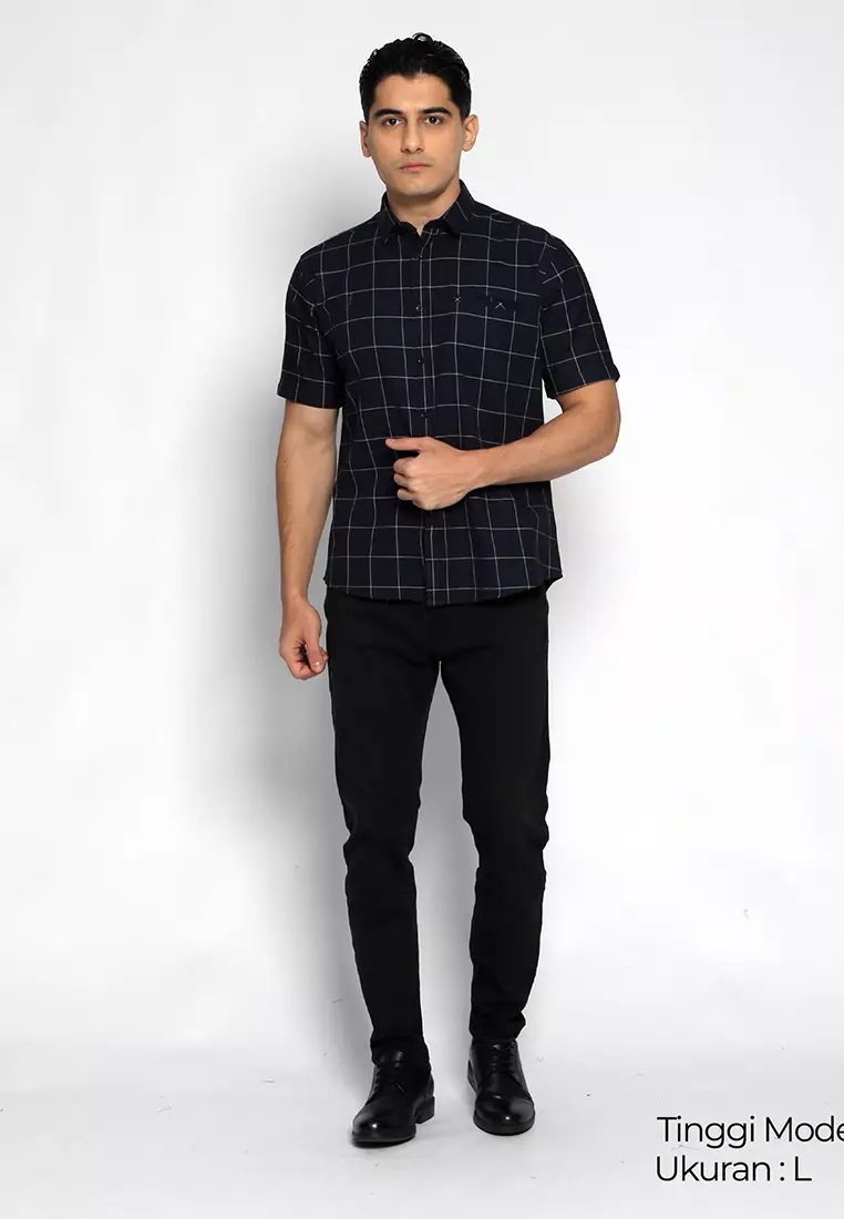 Simple Perfect Kemeja Chicago Pria Lengan Pendek Exclusive Motif Kotak 2285 Navy