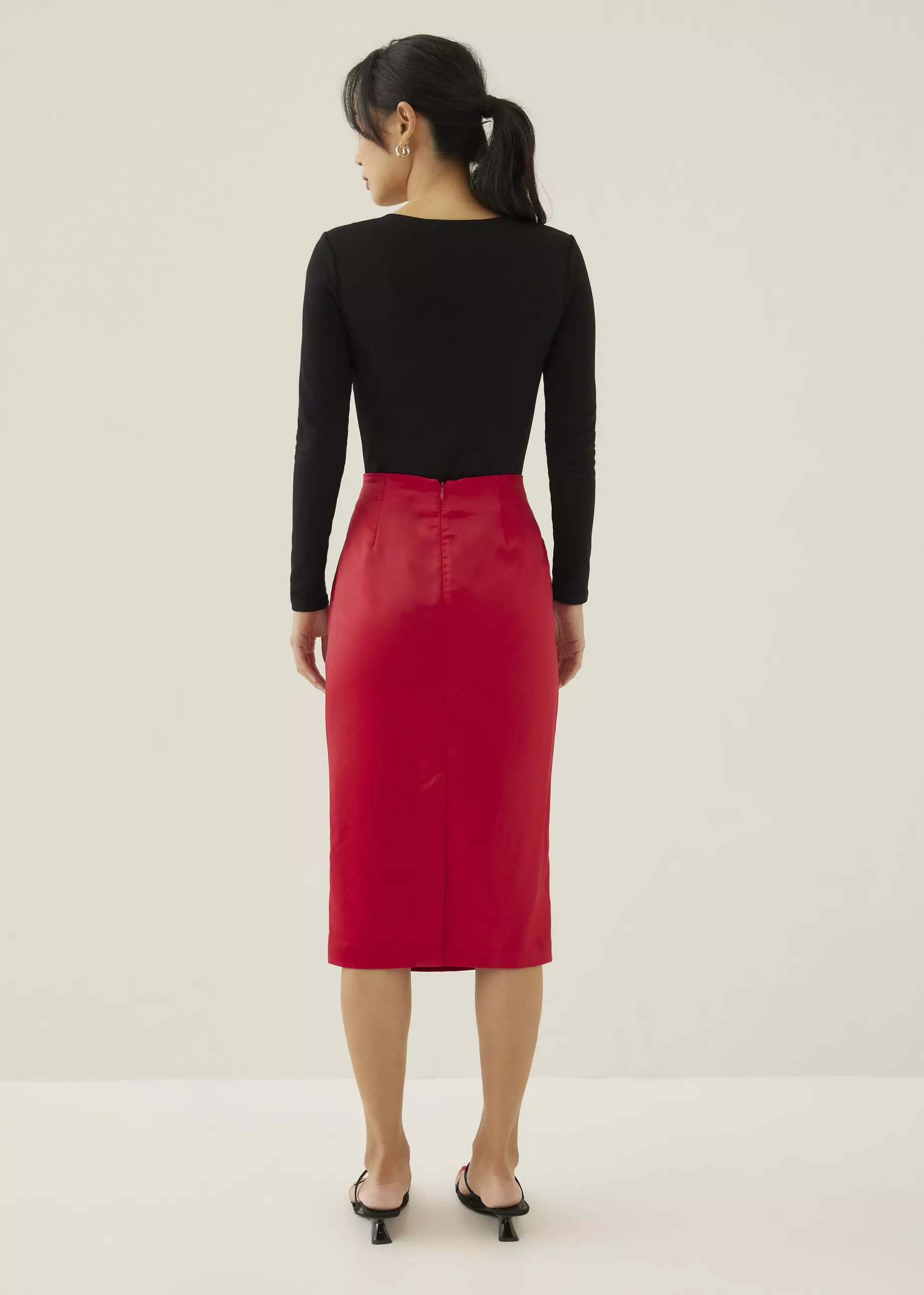 Rok Wanita - Ninda Satin Pleated Column Midi Skirt