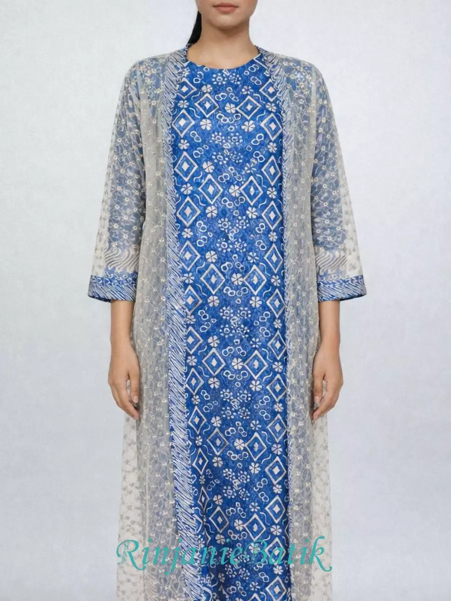 Rinjanie Batik - GMOT BR - Gamis Outer Raya Dynamic Blue - Batik Cap