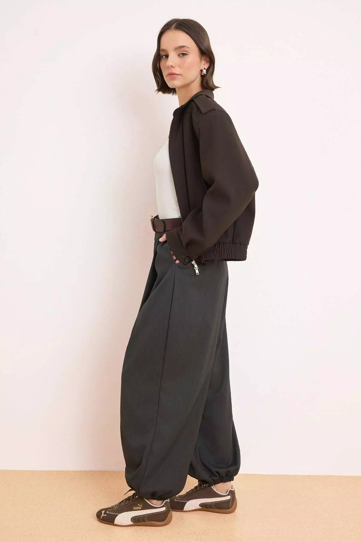 Anthracite High Waist Woven Shalwar Trousers Twoaw26Pl169