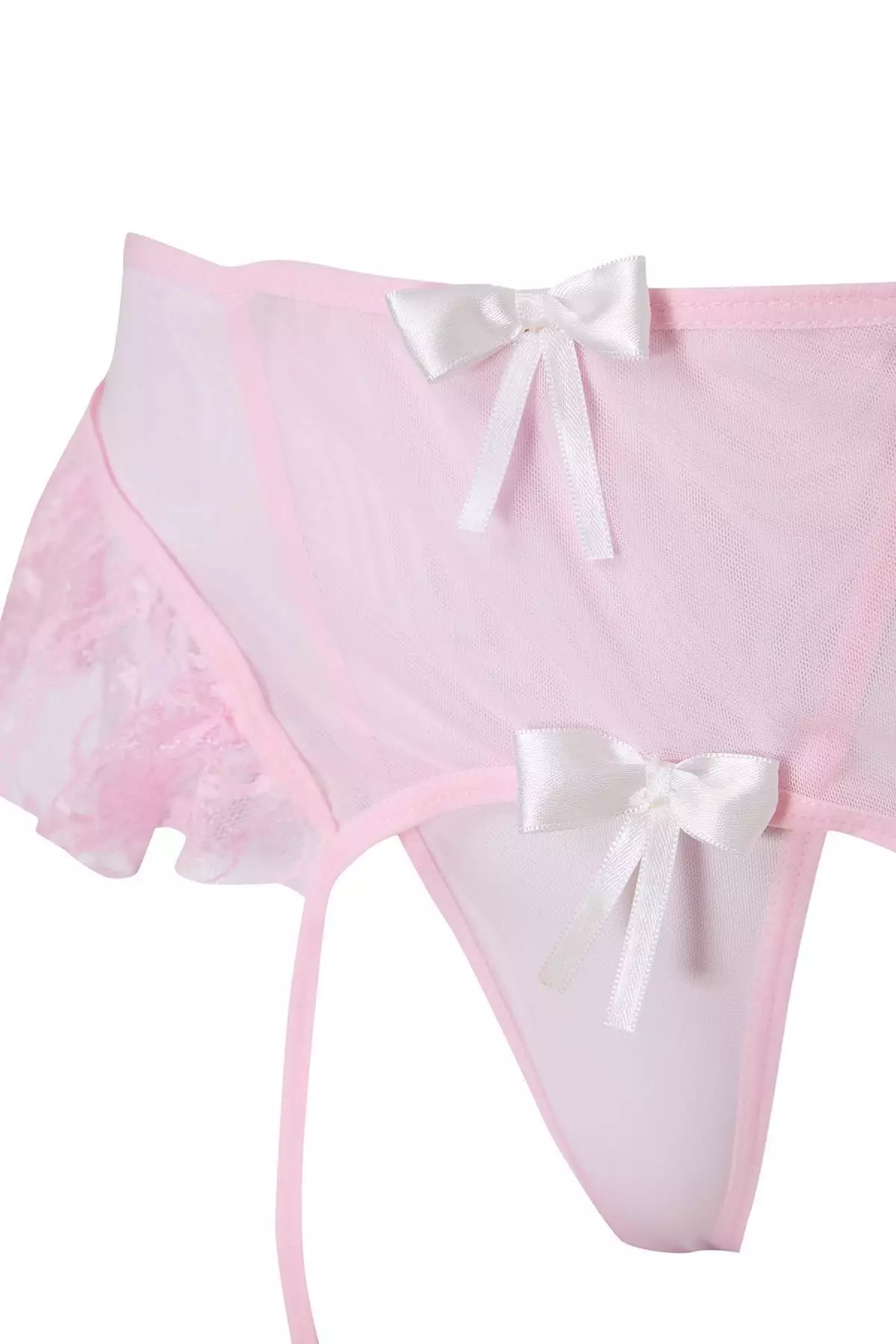 Pink Ribbon Detailed Leg Banded Ruffle Capless Lace Fancy Lingerie Set Thmaw26Bd4
