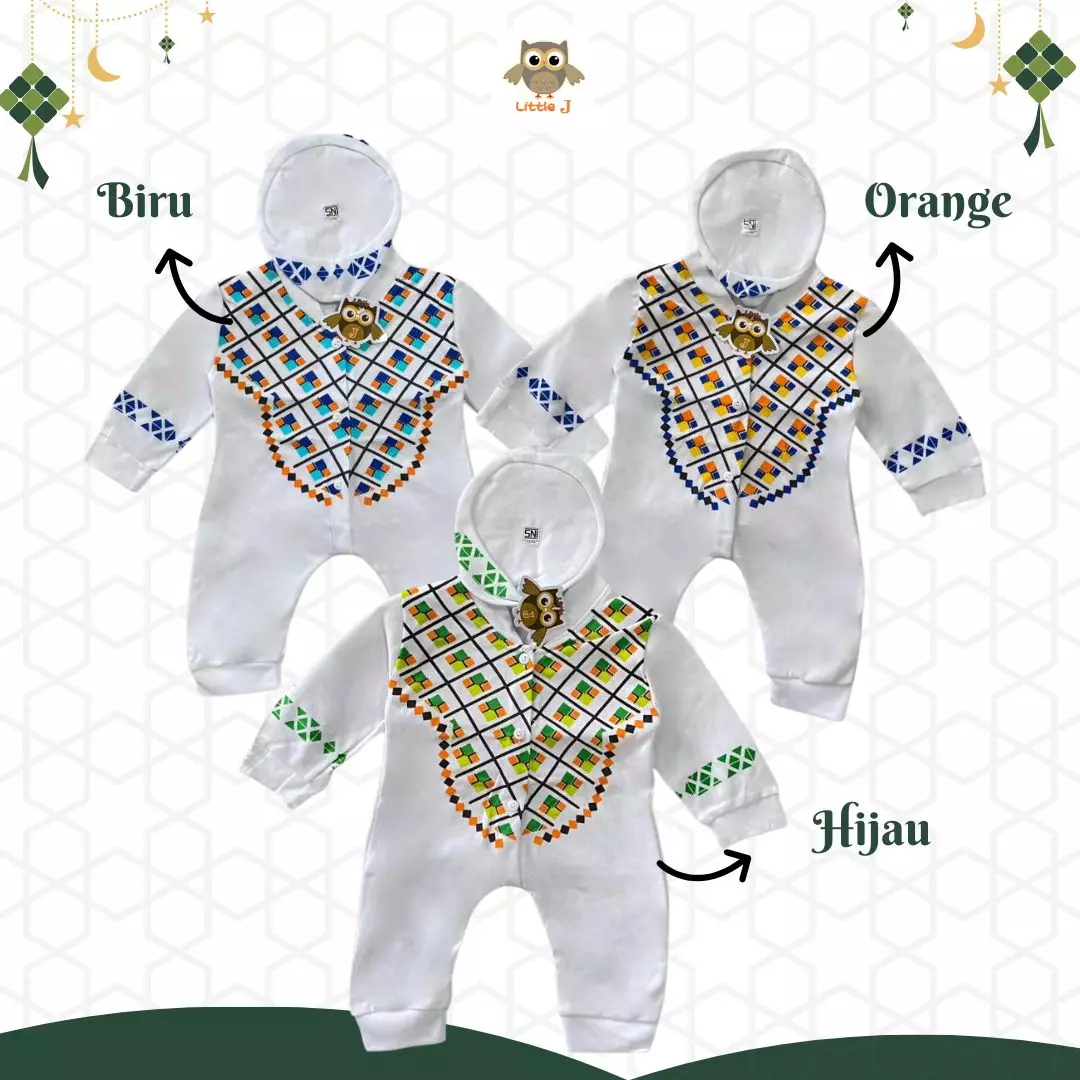Little J - (1522 WHITE BLUEE) Raya Collection Romper Koko Baby Setelan Baju Koko Bayi SNI Muslin Cowok Jumper Koko 0-9 Bulan Peci Double Knitted Sablon Aplikasi Kudung 3 Kancing Hidup