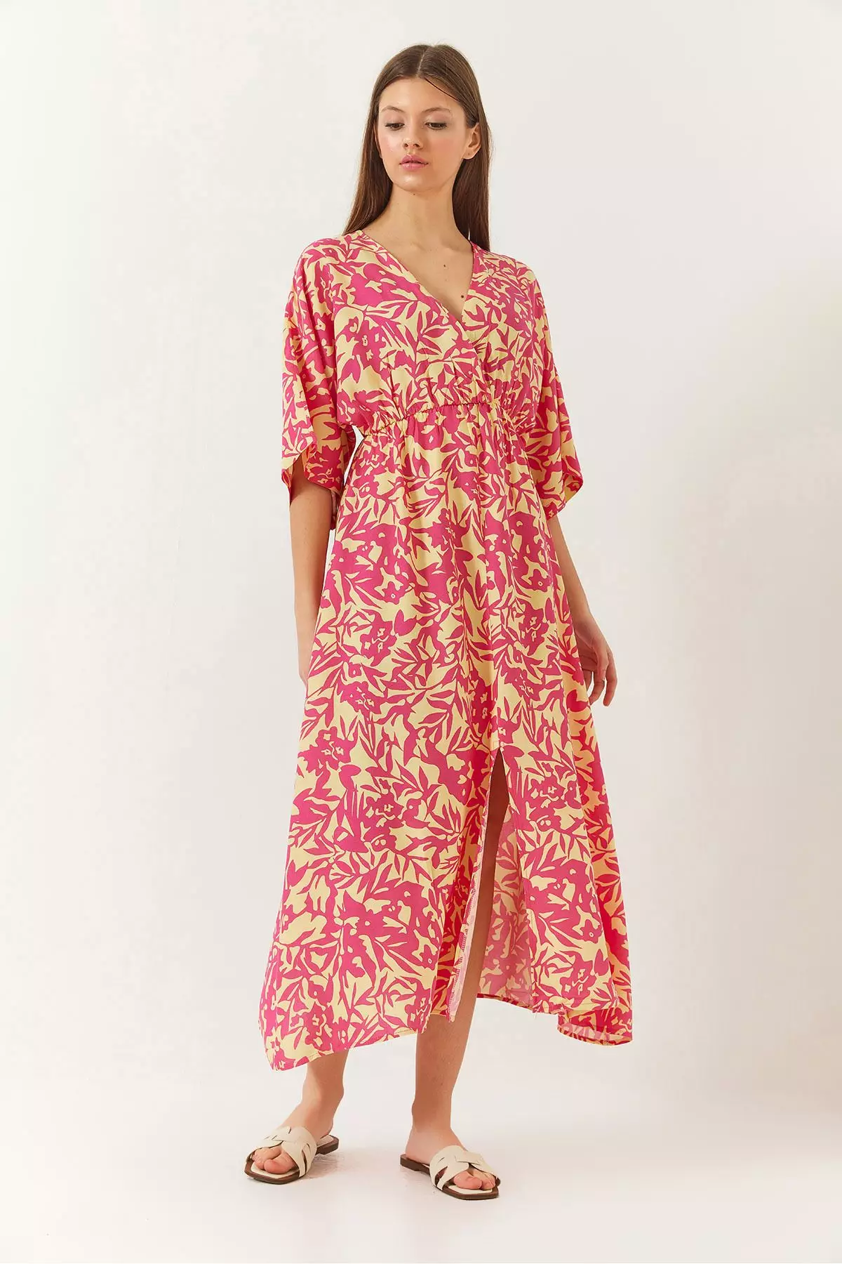 Women's Double Breasted V Neck Front Slit Detail Print Dress 60261411