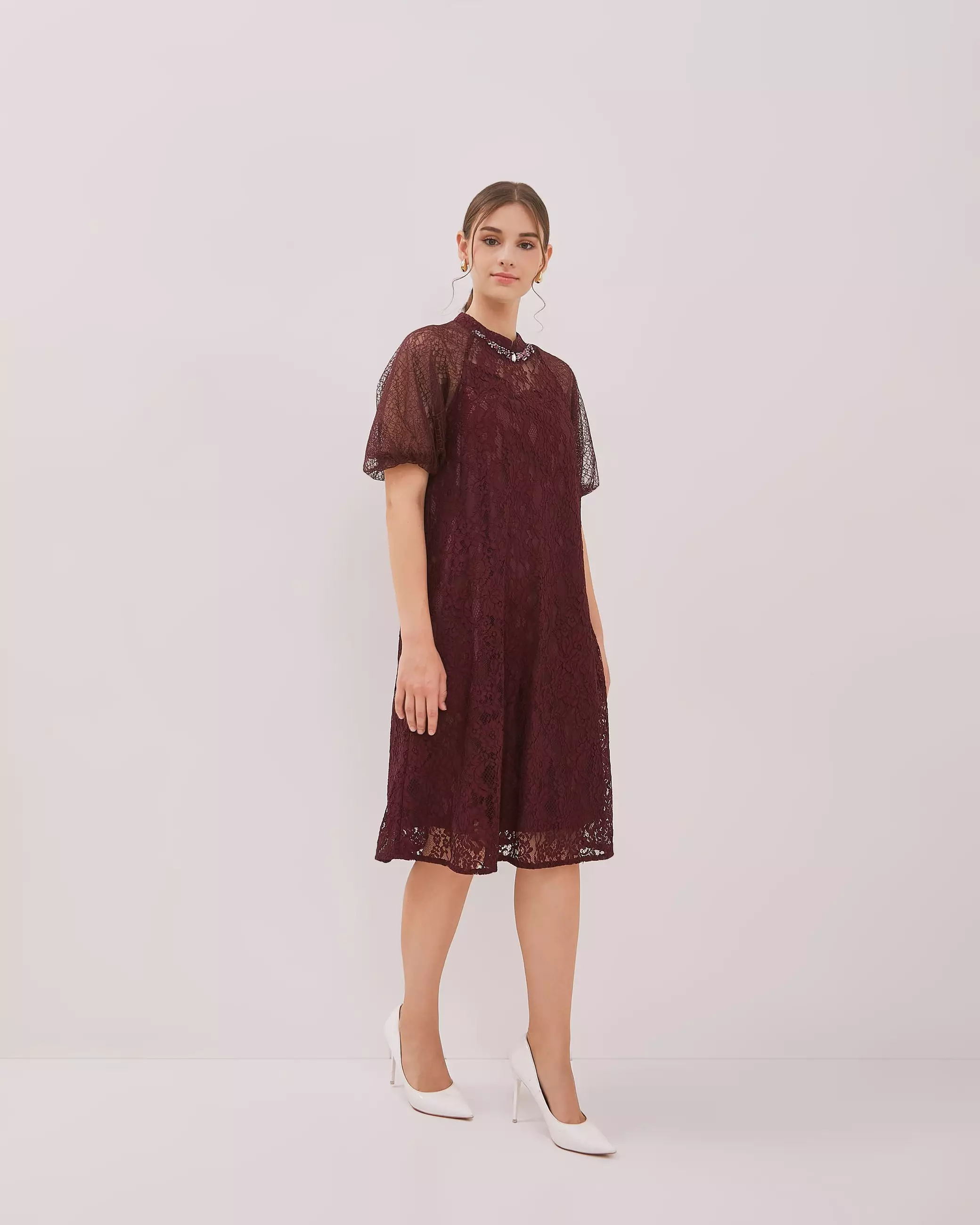 Urban Exchange Jane Magenta Dress / Midi Dress Brokat Festive Natal Warna Purple