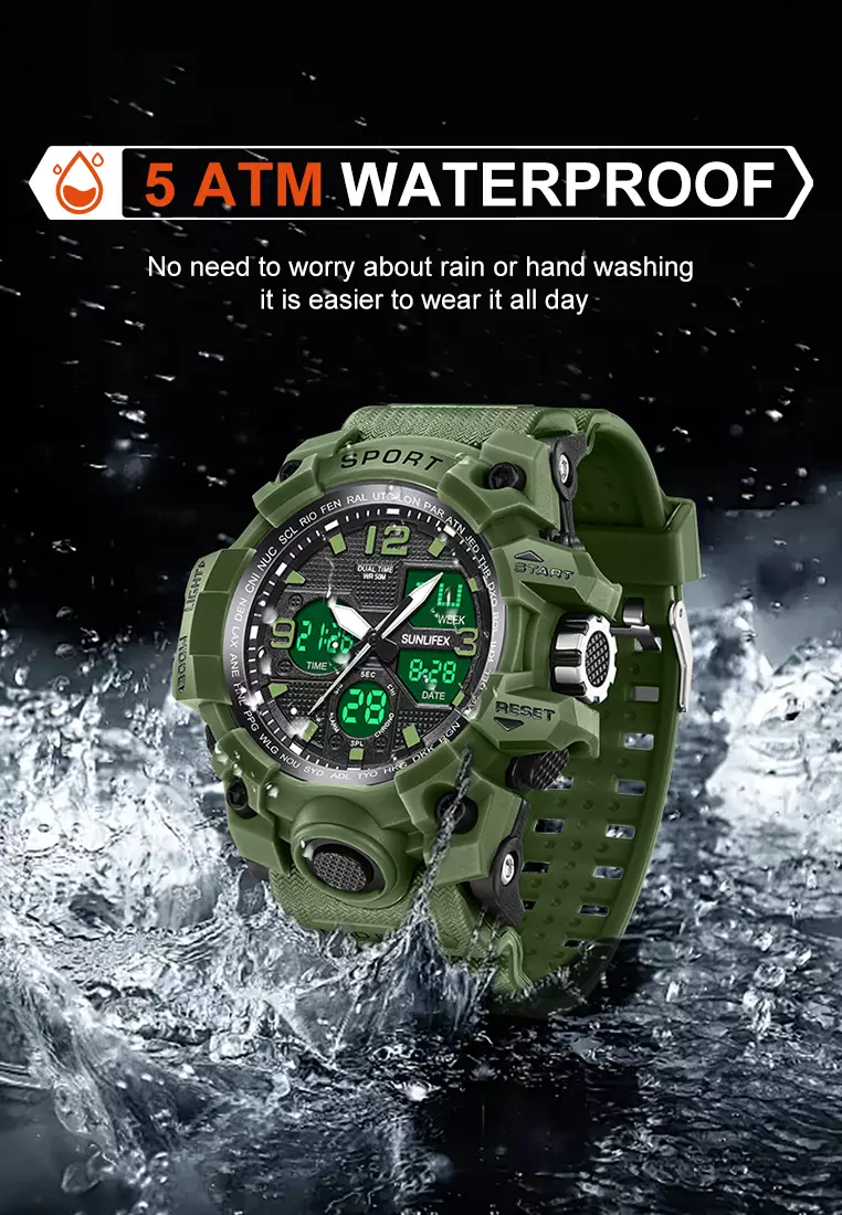 Jam Tangan Pria Digital D008 Multifungsi Alarm Olahraga Bercahaya Analog Jam Tangan Cowok Green