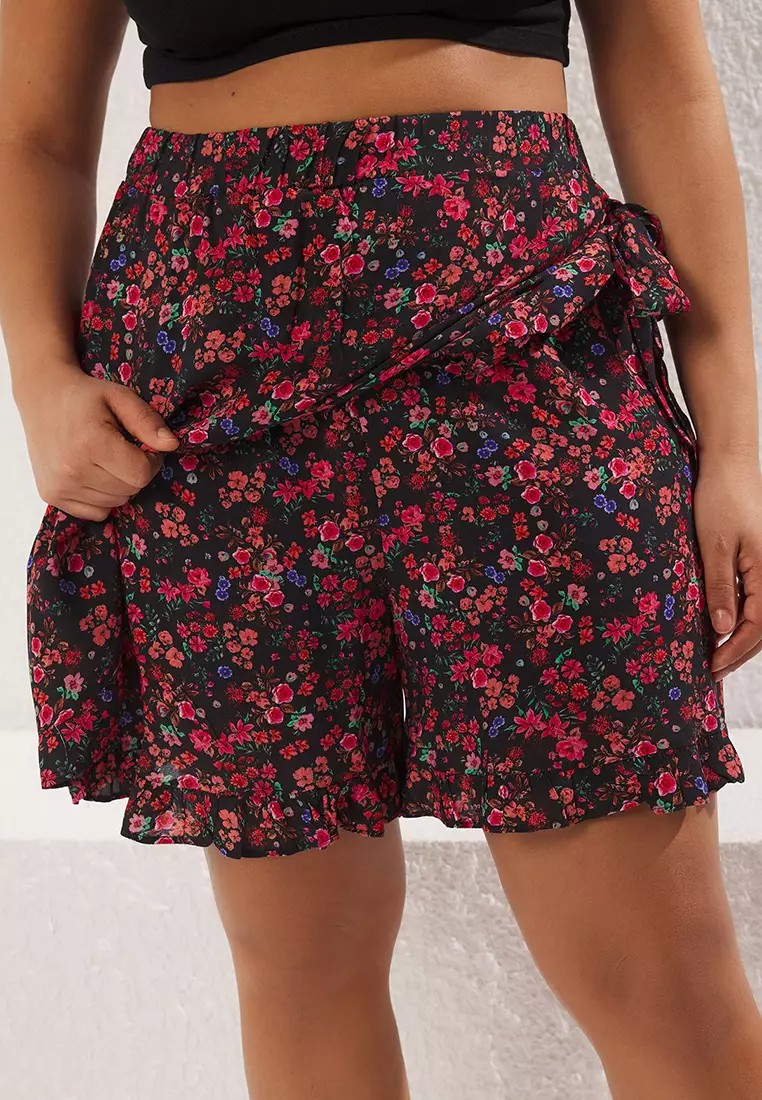 Multicolored Floral Woven Tie Plus Size Shorts Skirt TBBSS22SR0164
