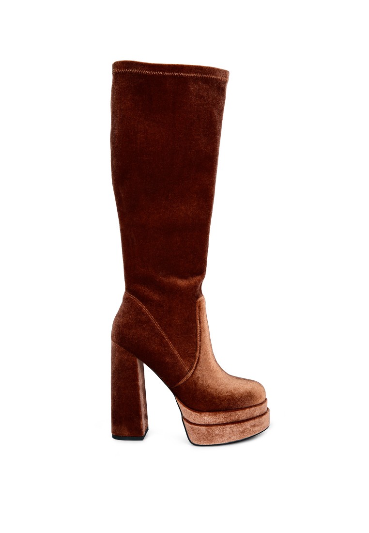 Brown High Block Heel Velvet Boot