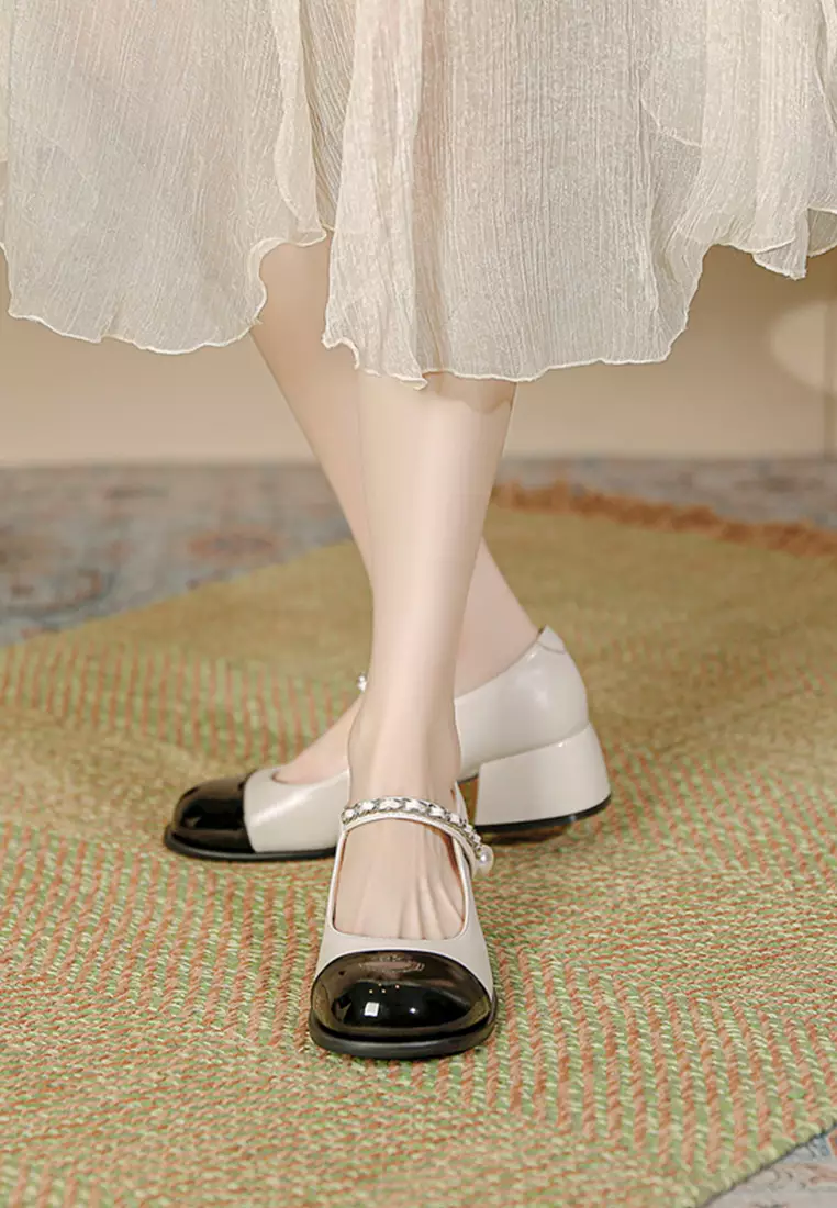 4CM Color Matching Pearl Strap Mary Jane Shoes TE3902-3