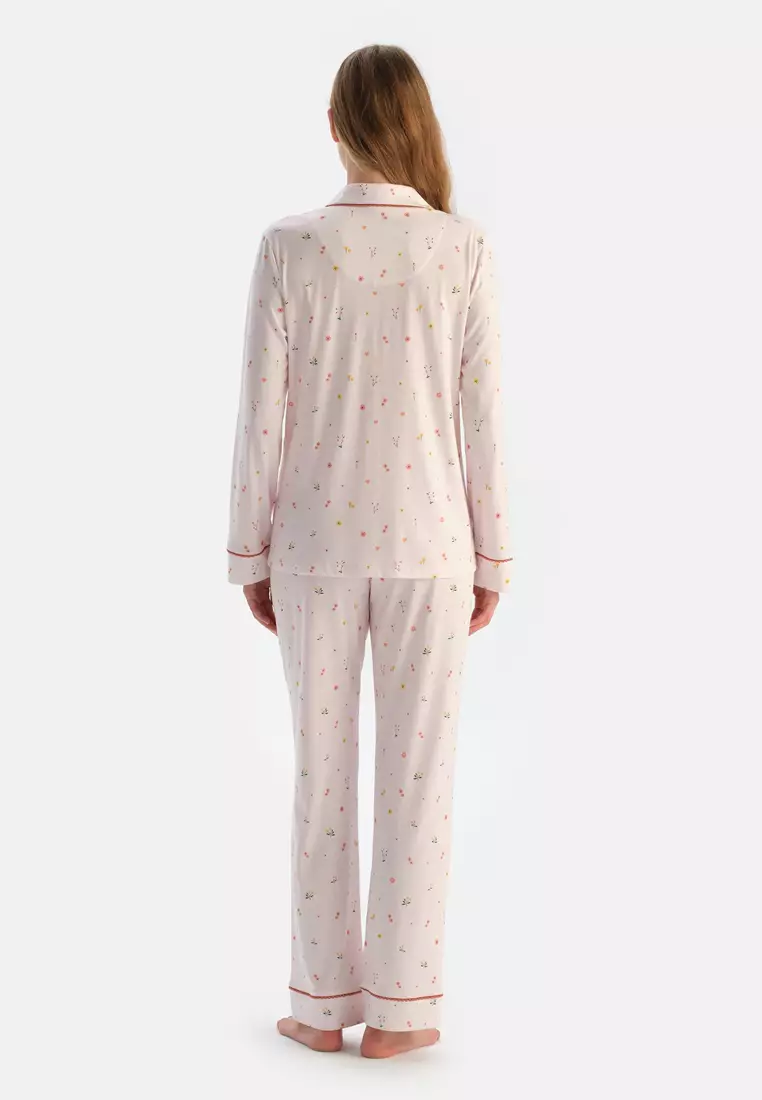 Ecru Shirt & Trousers, Flower Print, Shirt Collar, Regular Fit, Long Sleeve Sleepwear for Women