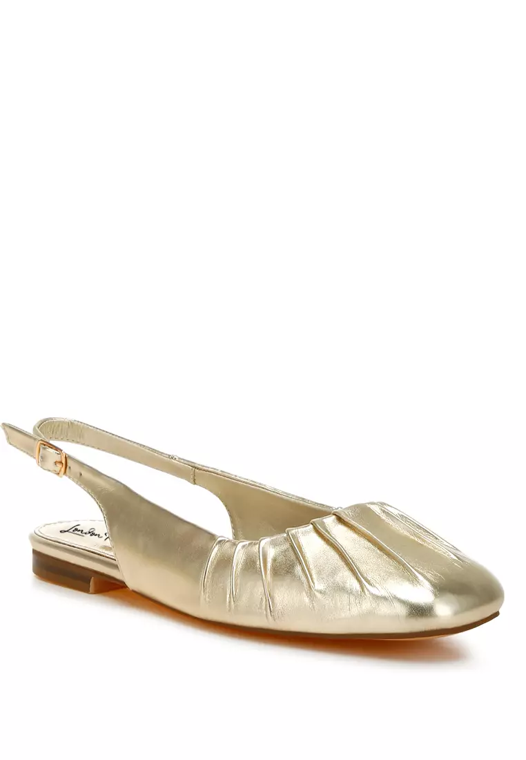 Sepatu Slingback Datar Ujung Persegi Metalik Warna Emas