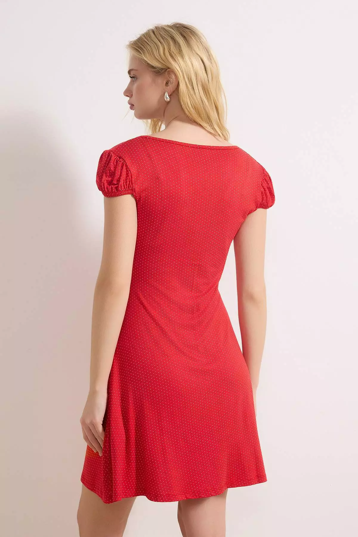 Red Polka Dot Waist Opening V-Neck Buttoned Mini Soft Knitted Dress Twoss26El19