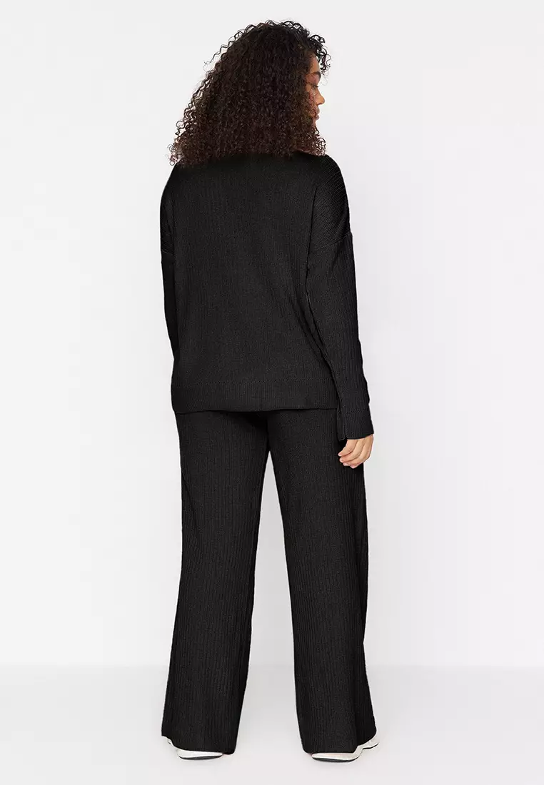 Plus Size Black Knitwear Sweater And Trousers Set Ribbed Crew Neck