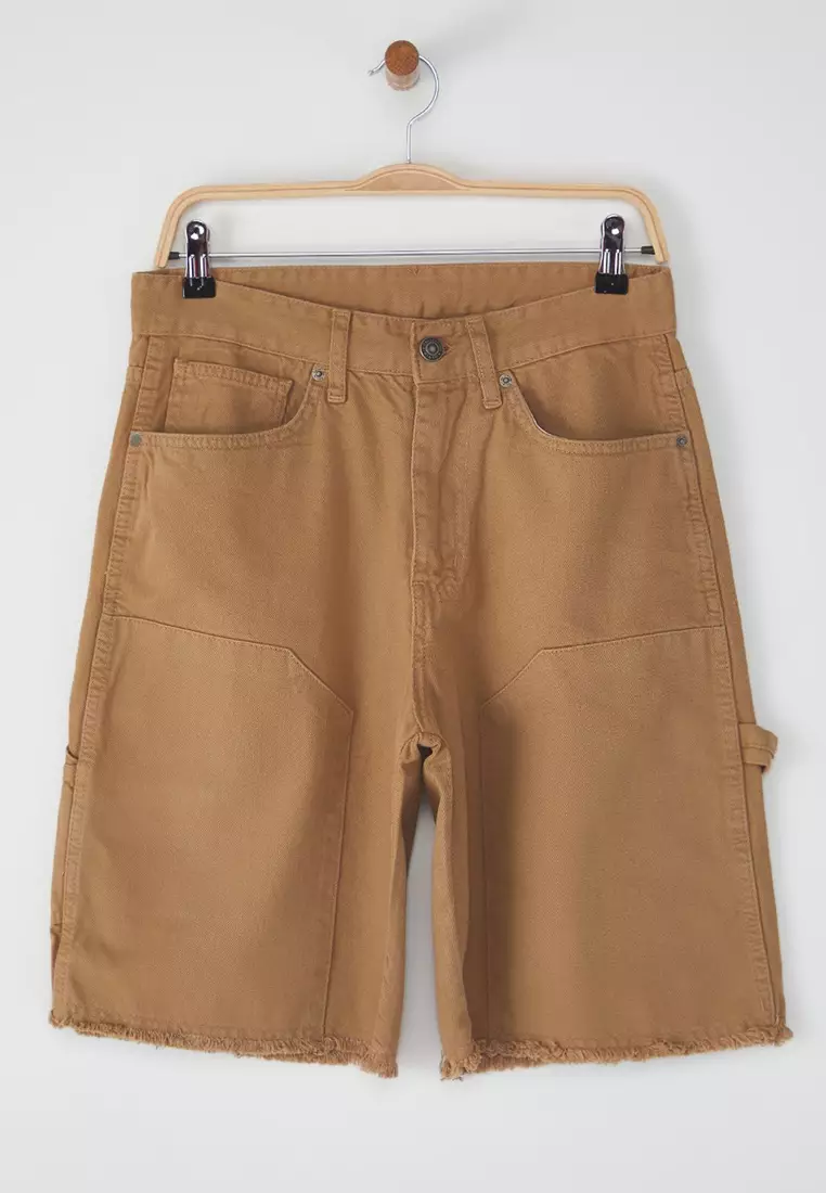 Camel Patchwork Wide Denim Shorts & Bermuda Shorts TMNSS25SR00038