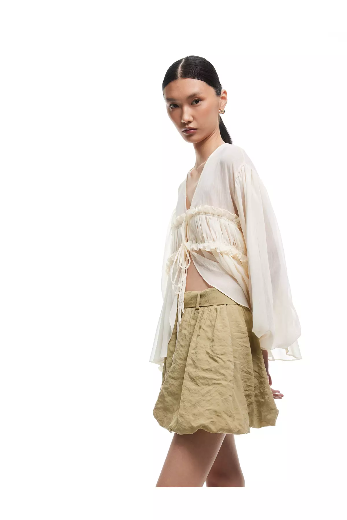 有內襯莫代爾布料迷你燈籠裙連腰帶