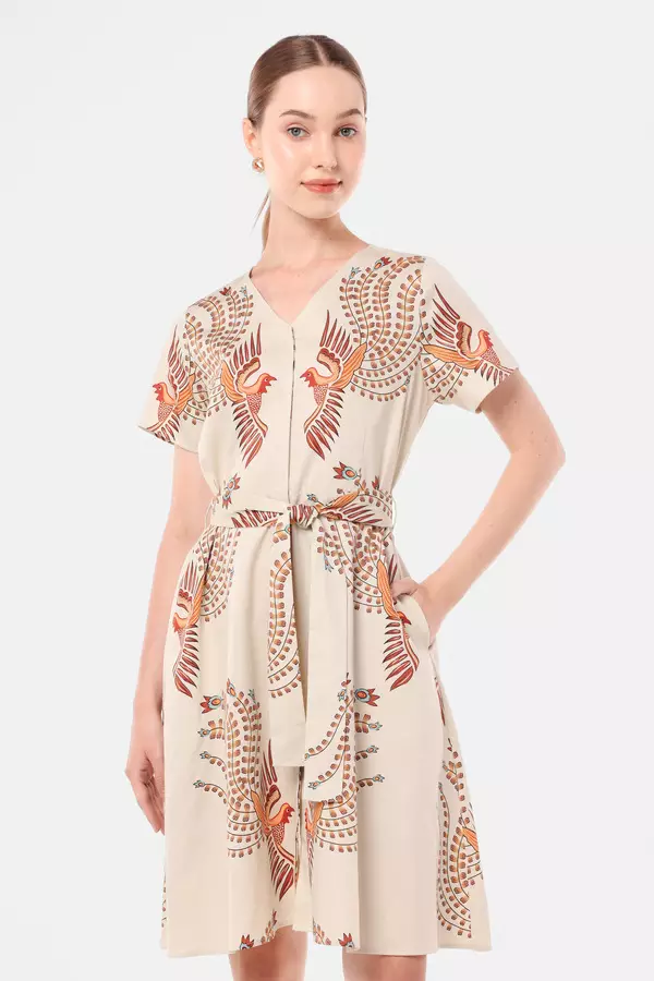 MINIMAL - Ayundara - Dress Motif Burung Sogan - Beige Warna Beige