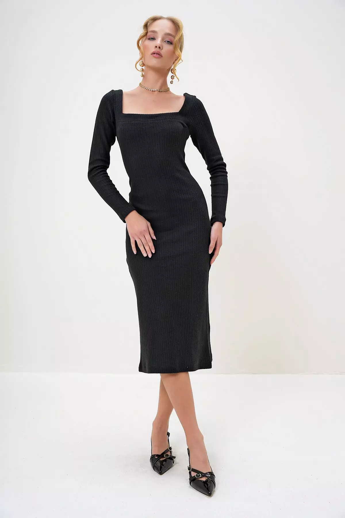 Women's Black Square Neck Long Sleeve Midi Length Interlock Fabric Dress