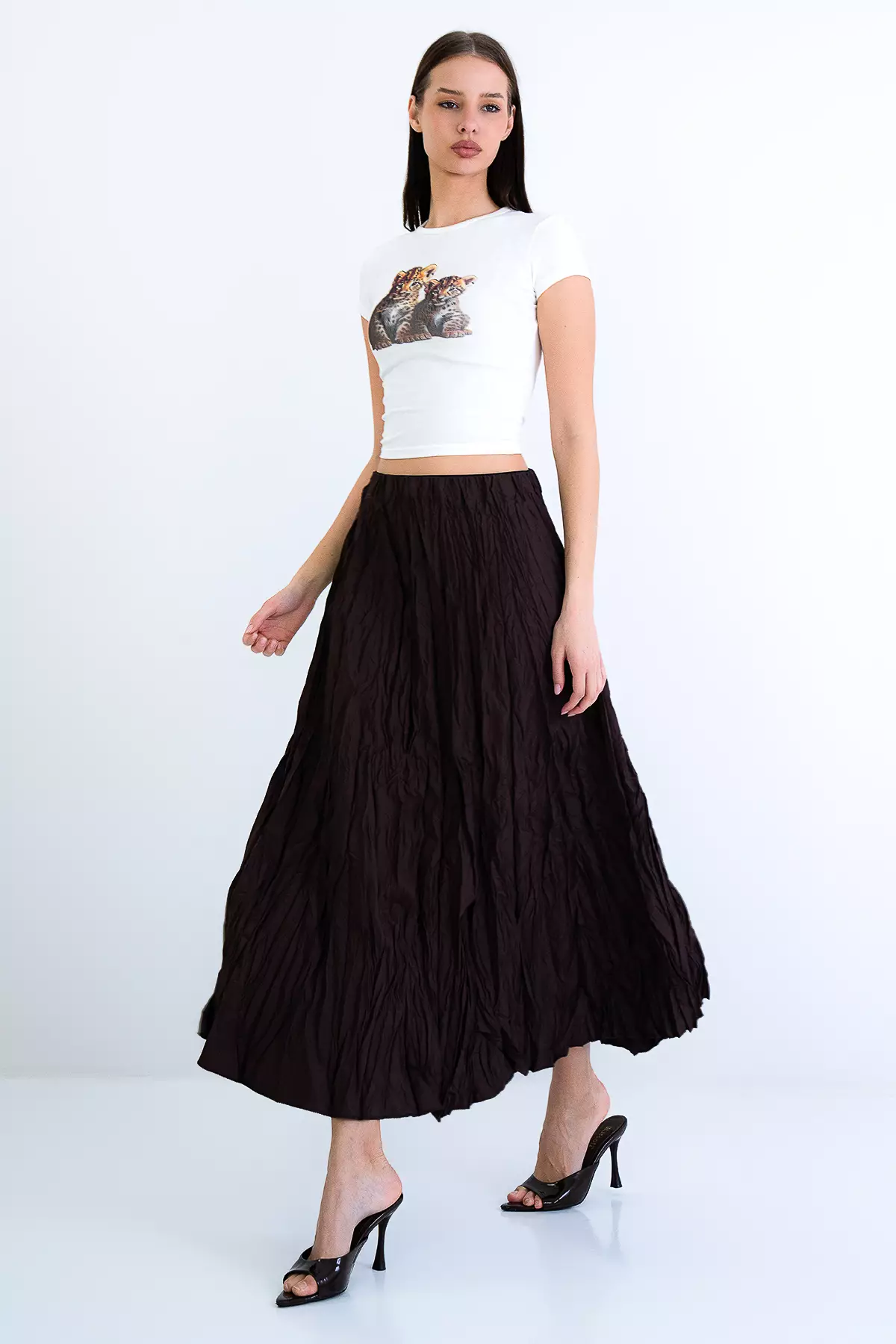 Brown Soft Crush Textured Midi Skirt Alc-X15225