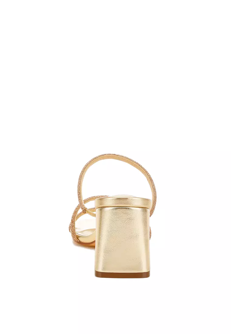 Rhinestone Block Heel Sandals in Gold