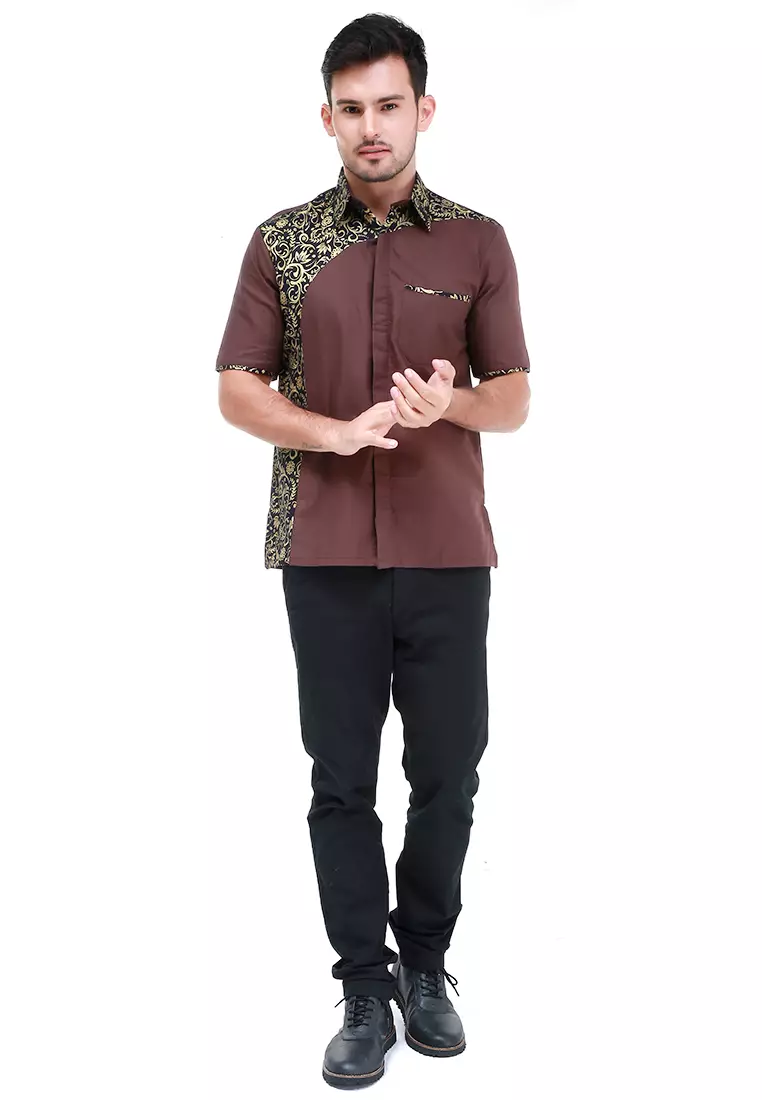 Dwan Kemeja Batik Pria Right Side Atasan Formal Shortsleeve Shirt Material Cotton ORIGINAL - Brown