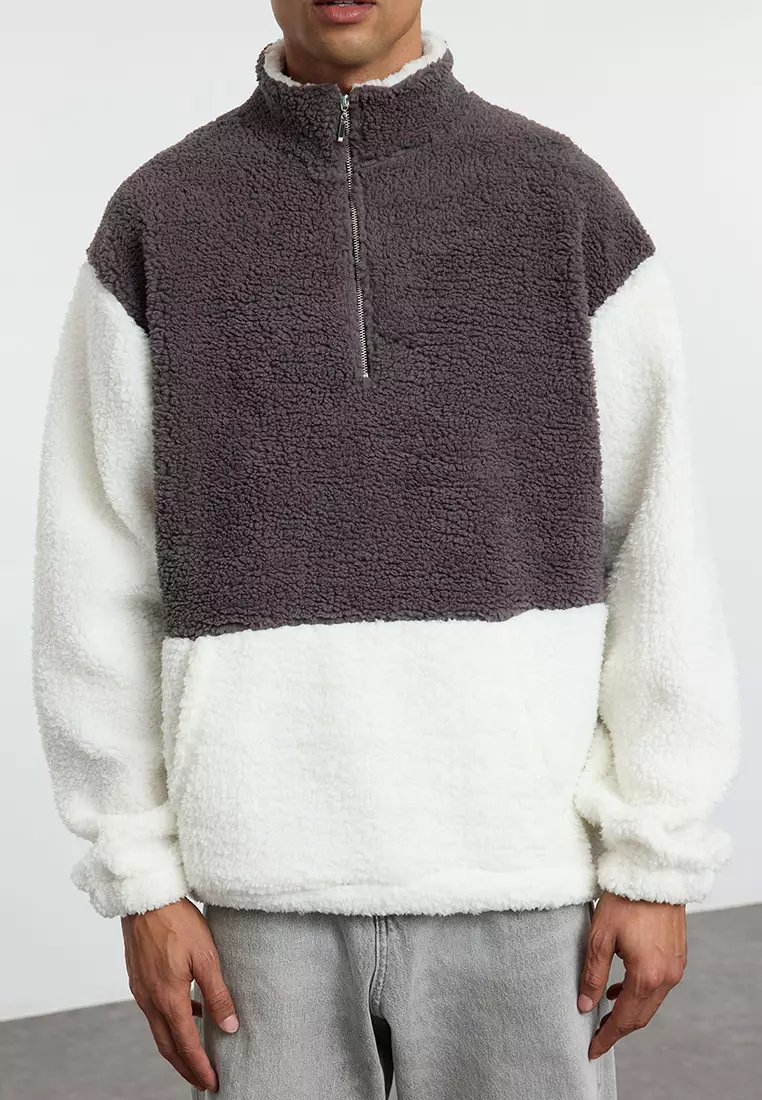 Smoke Unisex Oversize/Wide Cut Color Block Stand Collar Warm Plush Sweatshirt TMNAW25SW00148