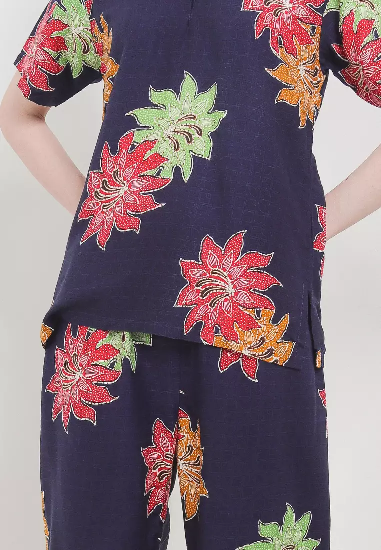 Baju Tidur Wanita Piyama Pajamas Batik Setelan Piyama Florina Atasan Blouse dan Bawahan Celana Navy