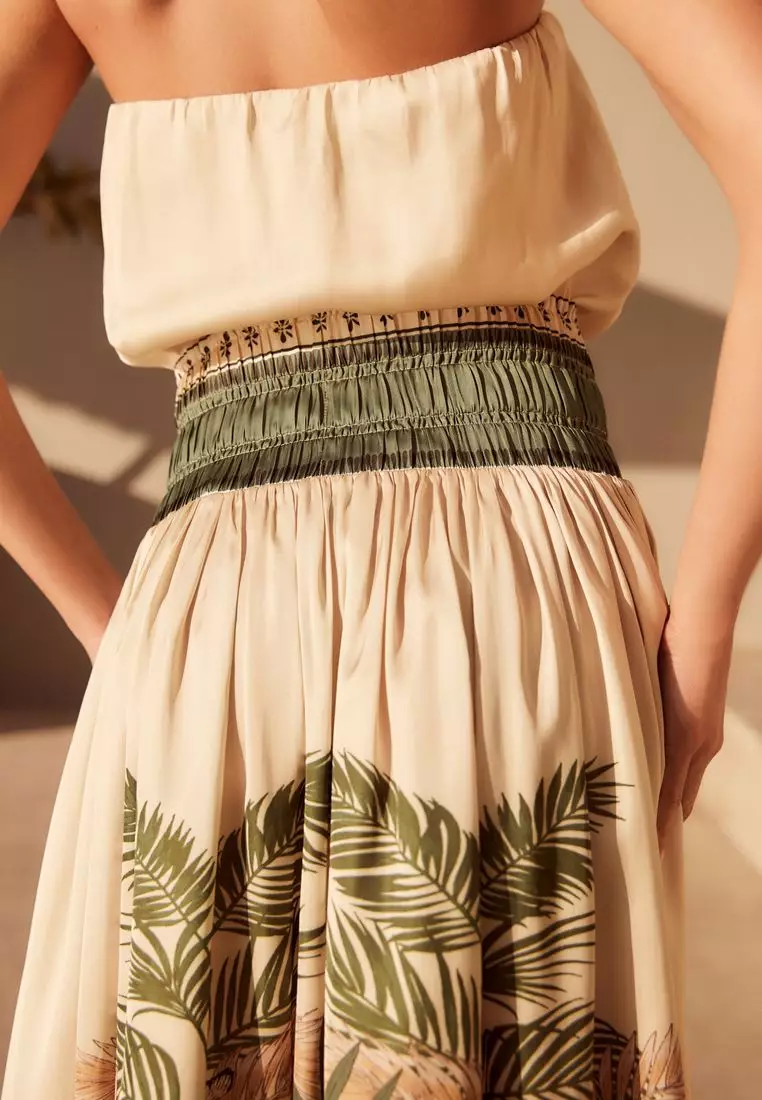 Satin Bandeau Muted Tropical Print Top