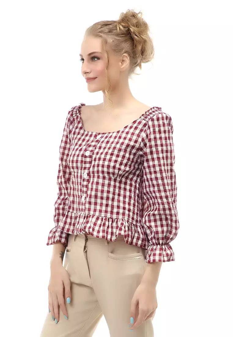 Cheva Top Blouse Atasan Wanita Kasual Motif Kotak Material Cotton ORIGINAL - Maroon
