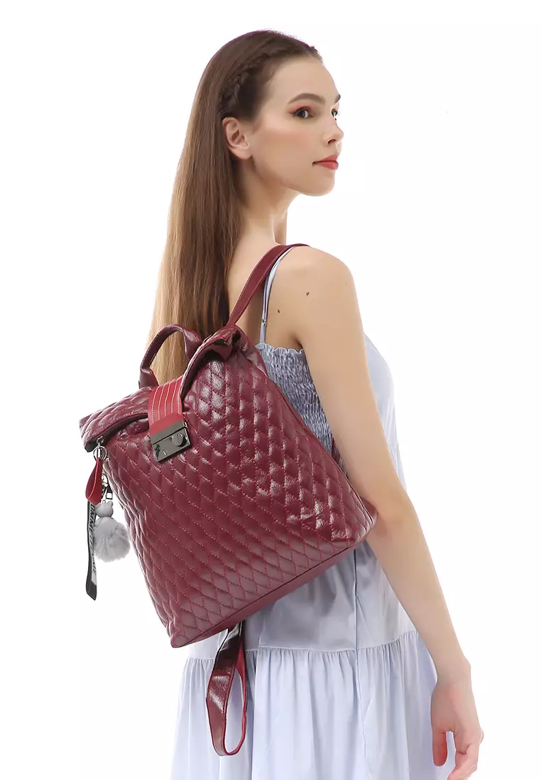 Afra Tas Ransel Wanita Large Compartment Backpack with Key Chain Material Leather ORIGINAL - Red