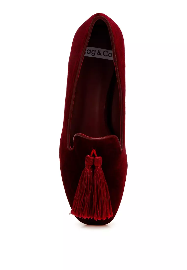 Iconic Tassel Detail Velvet Loafers in Burgundy