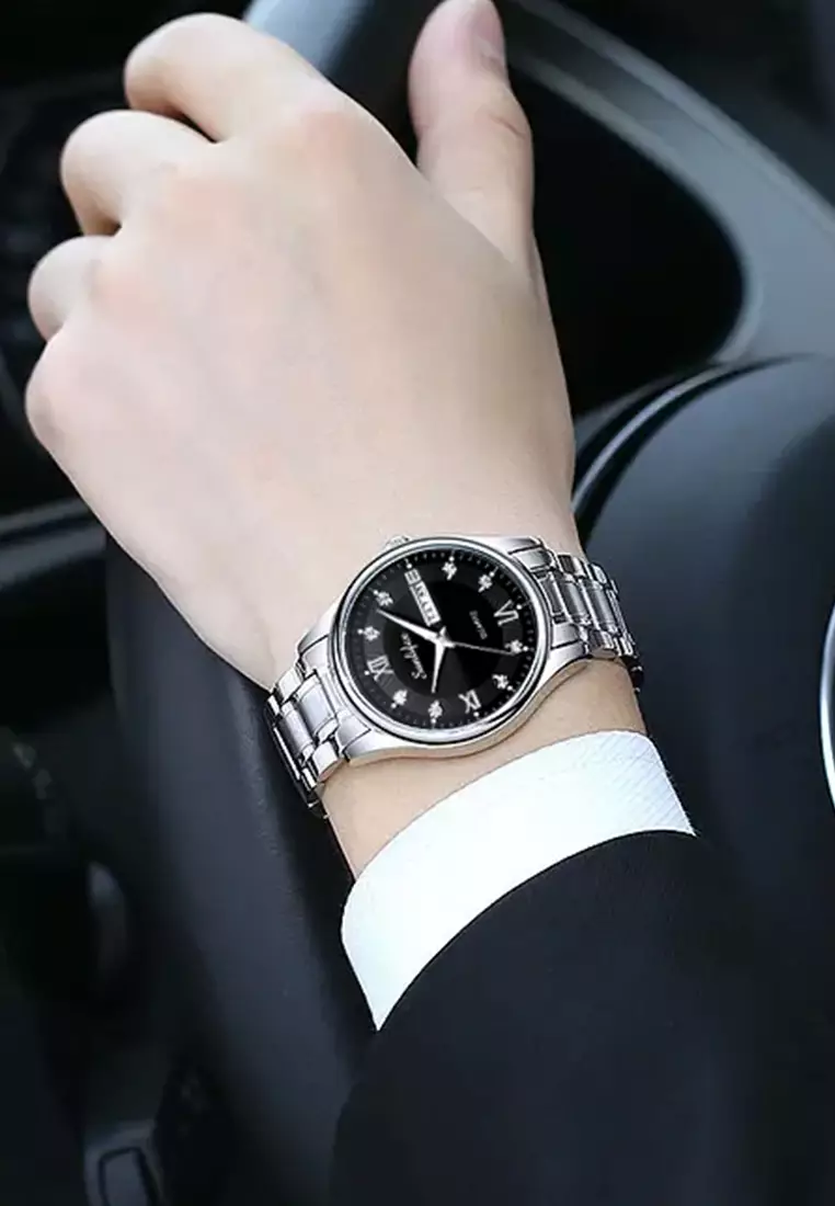 Jam Tangan Pria 9010 Kalender Kuarsa Tali Stainless Steel Bisnis Santai Jam Tangan Cowok silver black