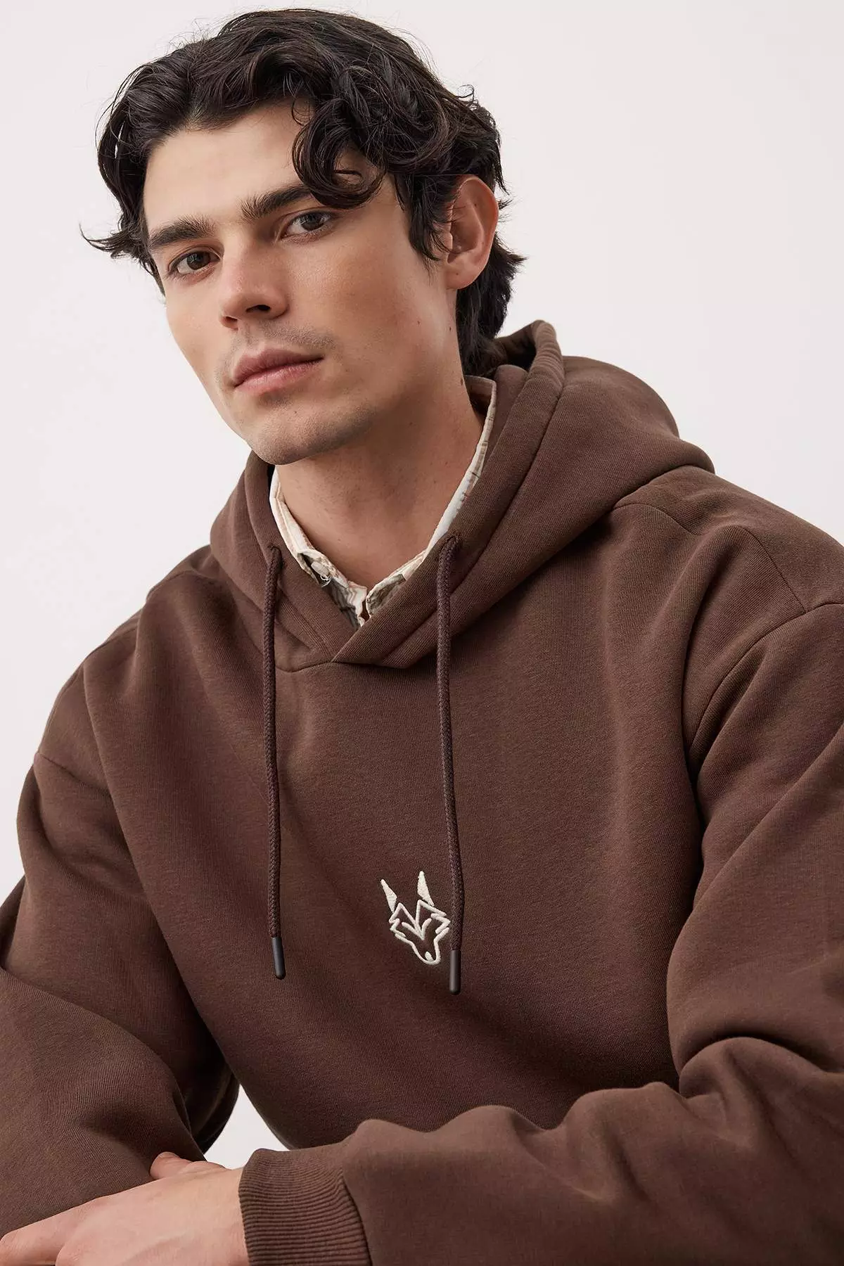 Dark Brown Regular Cut Hooded Polar Fleece Inside Tiger Embroidered Sweatshirt