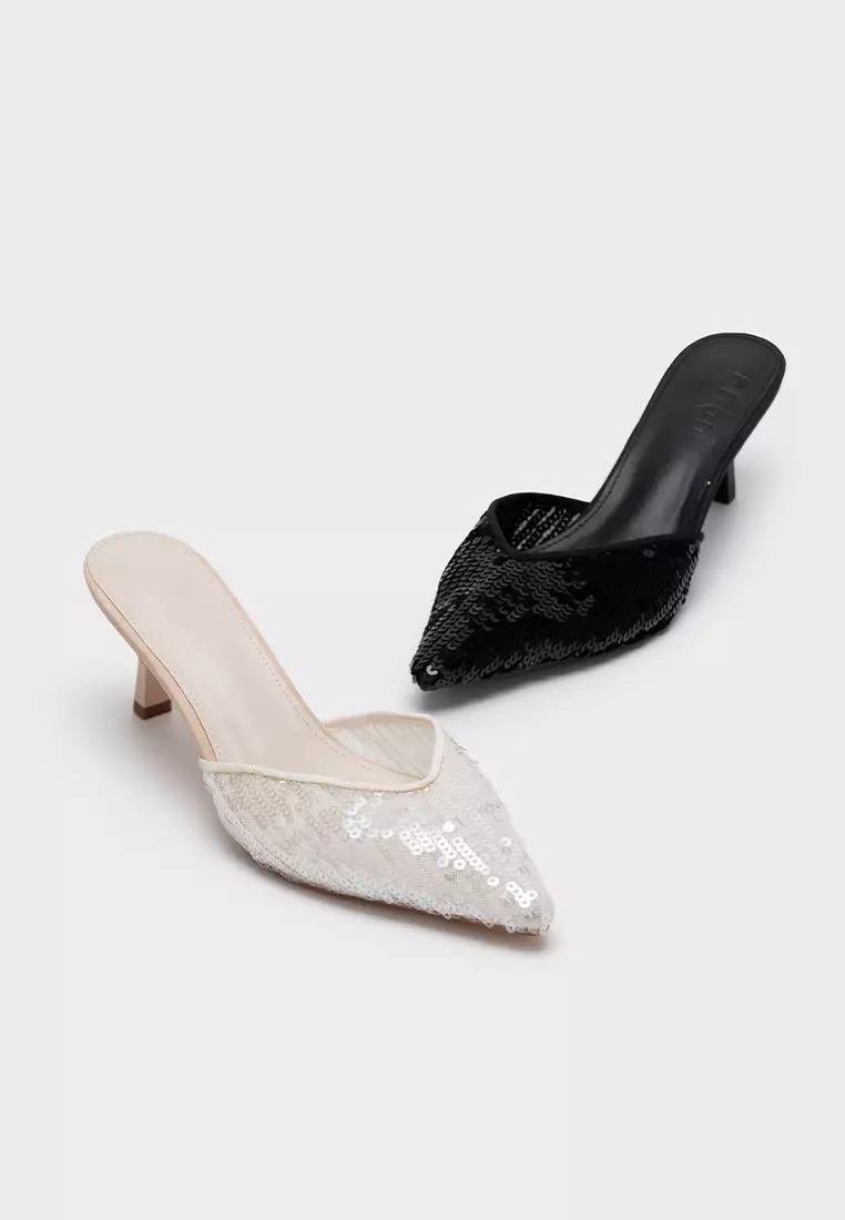 闪耀亮片喷漆跟包头穆勒鞋