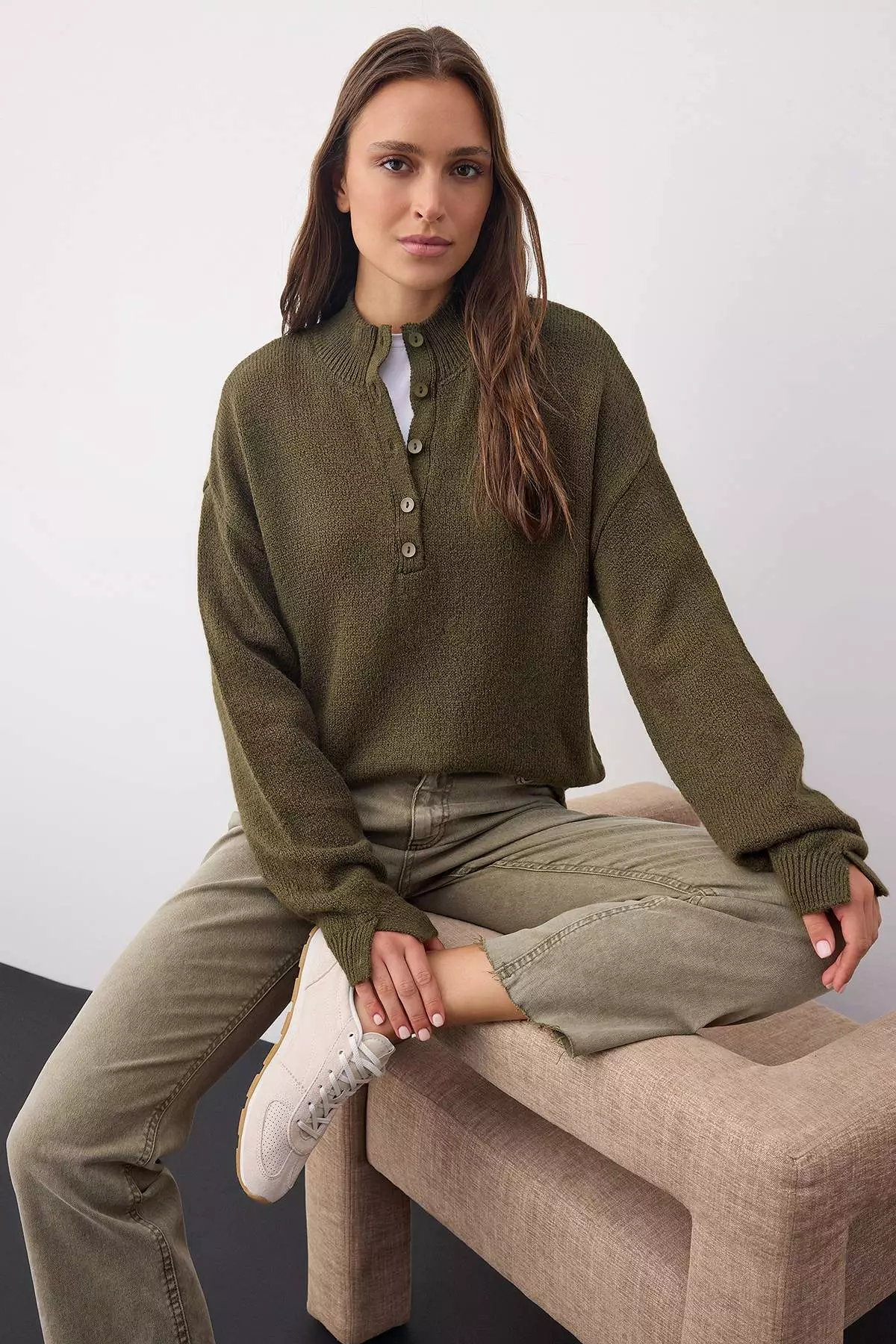 Wardrobe Essentials Khaki Soft-Textured Knit Sweater | Twoaw26Kz00074