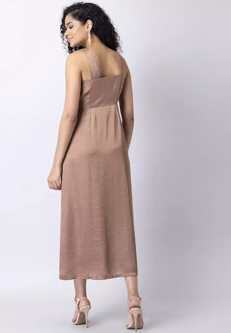 Light Brown Satin Overlap Asymmetric  Midi Dress